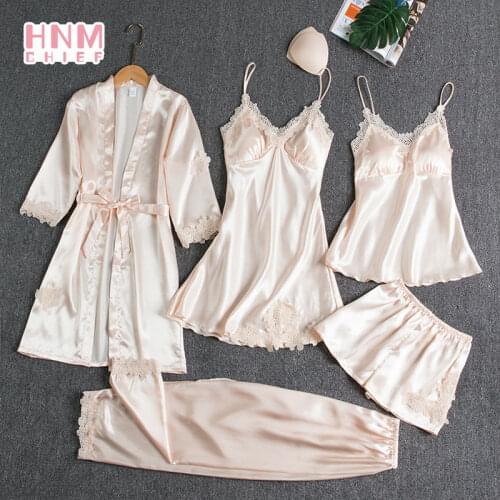 2021 HNMCHIEF Womens Pajamas Silk Like Sleepwear Female 5PCS Set Satin Pyjamamas Bridal Wedding Nightwear Rayon Nighty&Robe Sui