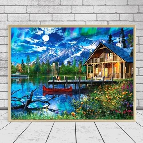 New soft canvas DIY diamond painting outdoor snow mountain wooden house full square embroidery mosaic small river home decoratio