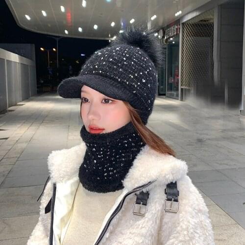 Brand New Winter Visor Hats Women Mixed Color Knit Beanie Skullies Hat Female Sweet Ski Hat Thick Warm Bonnet Caps Scarf Set