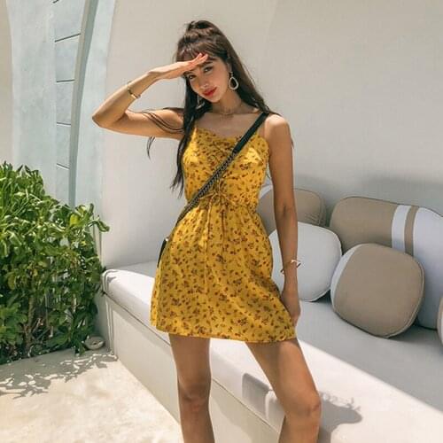 Skirted One Piece Swimsuit Women Floral Printed Swimwear Suspender Monokini Push Up Swim Suit Yellow Bathing Suit Pads Wire-free