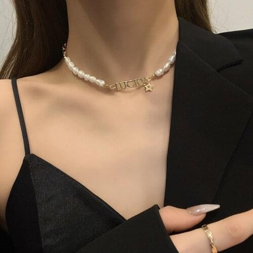 2021 korean fashion pearl chain choker necklace lucky letter star designer luxury choker collar for women girls Clavicle chain