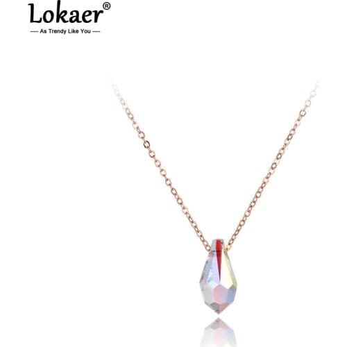 Lokaer Trendy Water Drop CZ Crystals Pendant Necklace For Women Rose Gold Titanium Stainless Steel Chain Necklace Jewelry N19131