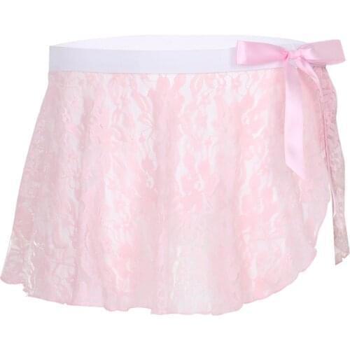 Gay Crossdressing Irregular Lace Skirt Mens Sissy See Through Sheer Lace Lingerie Elastic Waist Split with Bowknot Mini Skirt