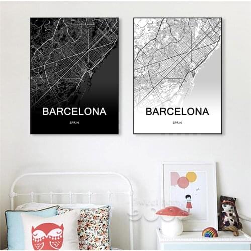 Black and White World City Map Barcelona City Map Spain City Custom Canvas Wall Art Poster Home Decor Pictures Prints