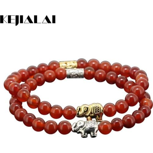KEJIALAI 1pcs Top Quality Beaded Elephant Girl Charm Bracelet Natural 6mm Round Red Stone Beads Women Bracelet As Lucky Gift