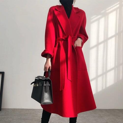 Fashion 100% Wool Coat Thicken Long Coat Women Autumn Coats with Belt Female Jacket Korean Overcoat Casaco Feminino 2020 WPY1328