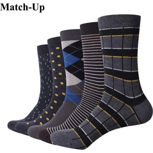 Match-Up Men Business Cotton Stripe Plaid Socks Cool Casual Dress Socks Wedding gift Socks(5 Pairs / lot )