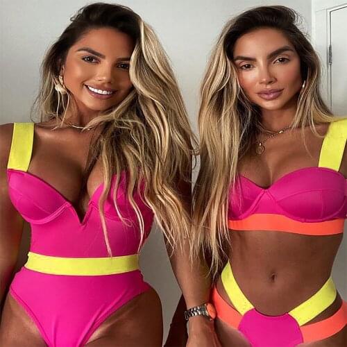 New Halter V-Neck Push Up Women Swimwear One Piece Bandage Patchwork Swimsuit Female Monokini Backless High Cut Bathing Suit