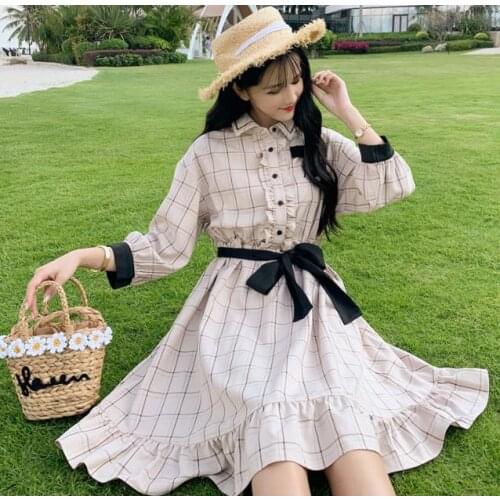 Spring Autumn Mori Girl Sweet Cute Dress Women Ptrppy Style Navy Collar Bow Doll Lantern Sleeve Female Kawaii Dress G320