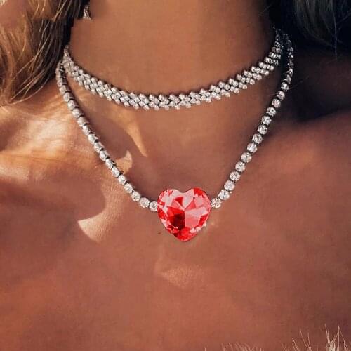 Luxury Rhinestone Big Diamond Red Love Heart Forever Pendant Necklace for Women Vintage Crystal Charm Choker Necklace Jewelry