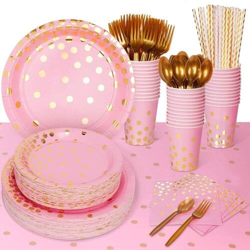 Pink Paper Plates Party Supplies Tableware Napkins Sets Heavy Duty Disposable Dinnerware for Baby Shower Birthday Wedding Decor