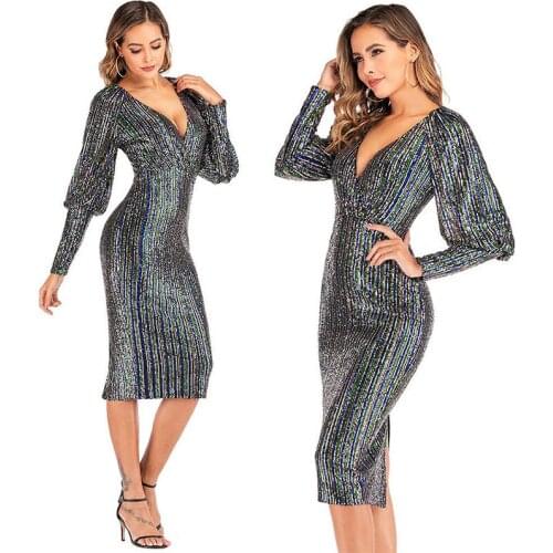 Sexy Sequin V Neck Midi Stripe Long Sleeve Package Hip Dresses Elegant Night Club Beach Party Dress
