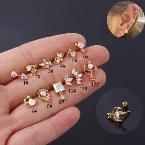 1PC CZ Cartilage Stud Helix Rook Conch Screw Back Earrings Stainless Steel Ear Piercing Jewelry