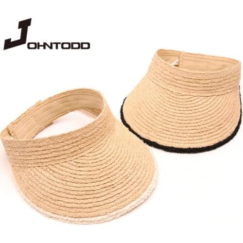 2021 Summer Woman Handmade Raffia Straw Hat Outdoors Beach Sun Visor Hat Empty Top Wide Brim UV Protection Adjustable Foldable