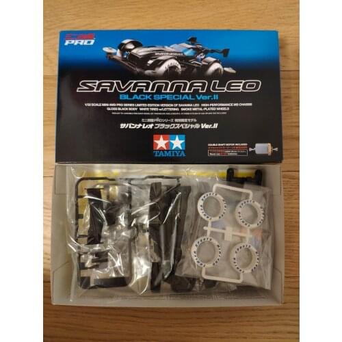 Tamiya Mini 4WD Car Model 1/32 Scale SAVANNA LEO Black Special Ver.2 MS Chassis White Tire with Blue Letters 94728