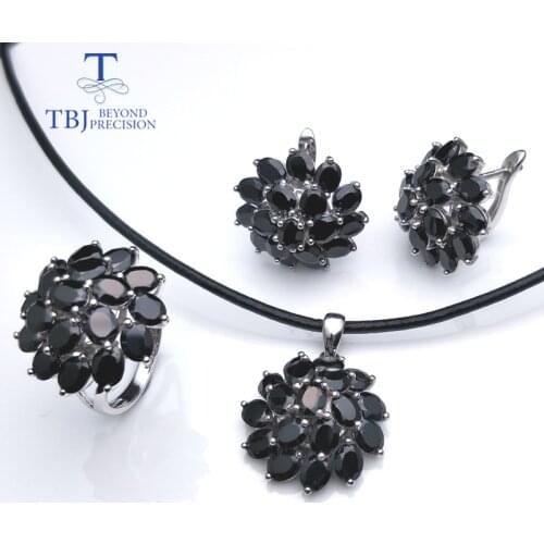 TBJ,natural black spinel gemstone jewelry set in 925 sterling silver best ring pendant earring for women daily party wear