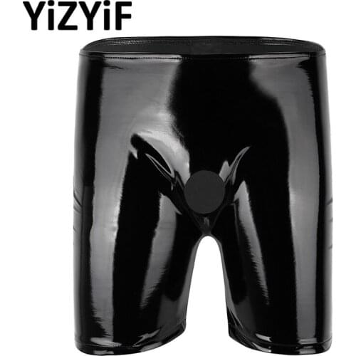 Men sissy panties Special Boxer Shorts Sexy Gay Hole Sissy Underwear Shiny Patent Leather Open Penis Hole Long Leg Short Panties
