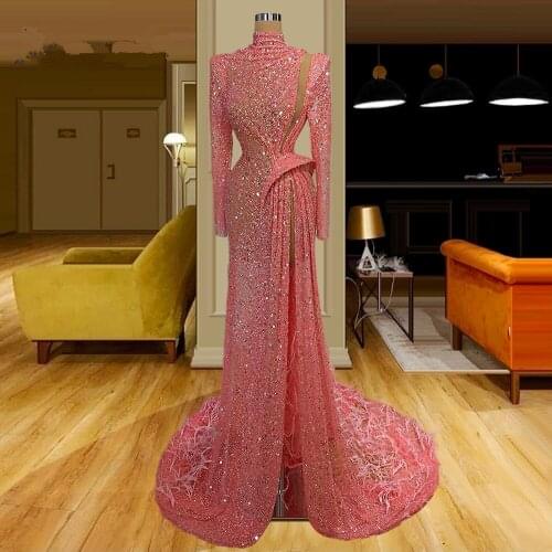 Heavy Beading 2020 Prom Dresses Plus Size High Neck Red Carpet Dress Feathers Pink Long Sleeve Evening Gowns Vestidos De Festa