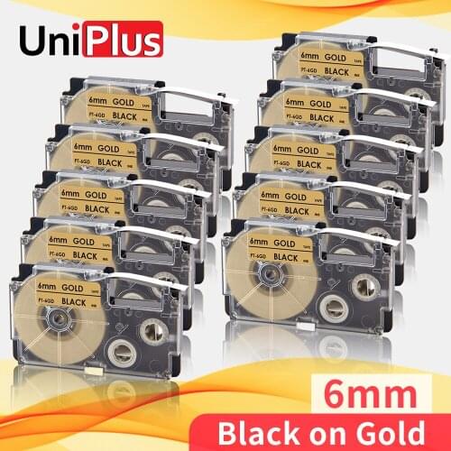 UniPlus 10PK 6mm Labeling Tape Black on Gold Compatible Casio Tape Office Printer Label XR-6GD XR6GD for Casio Label Maker KL120