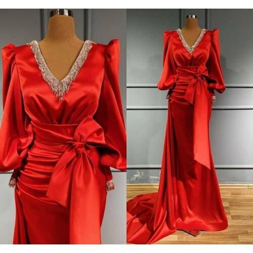 Vintage Long Sleeve Red Satin Beaded Mermaid Evening Dresses with Bow Floor Length Zipper Back Pleated Formal Party Gowns