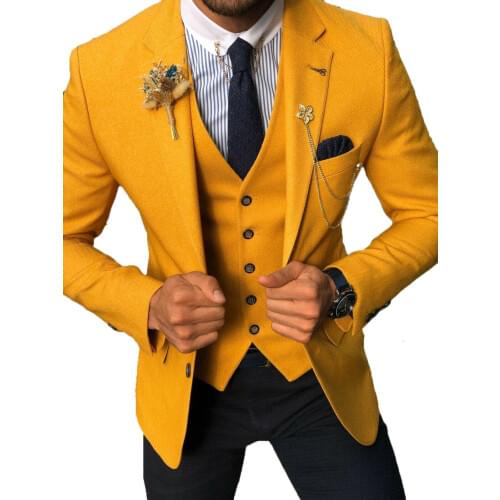Yellow Handsome One Button Groomsmen Notch Lapel Groom Tuxedos Men Suits Wedding Prom Dinner Office Blazer 3PCS Jacket+Vest+Pant