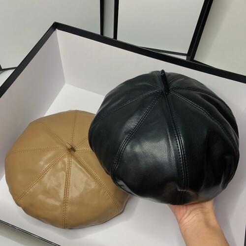 HT055 Fashion Women PU Leather Octagonal Caps Newsboy Cap Vintage Bonnet Beret Style Retro Leather Hat Cowboy