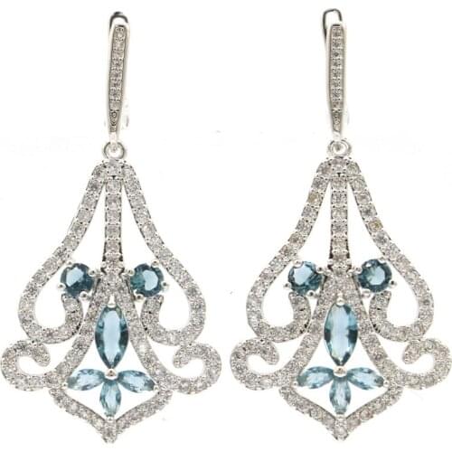 49x26mm Luxury Long Big Created 11g London Blue Topaz White CZ Womans Party Silver Earrings
