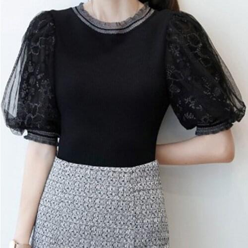 Mesh Lace Flower Puff Sleeve Sweater Women Knitted Top Pullover Princess Spring Autumn Pull Femme Jersey Mujer Black White