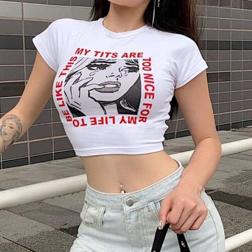2021 Trendy Women White Crop Top T-shirt Summer Short Sleeve Fashion Printed Slim Fit Tee Tops Ladies Casual Shirts