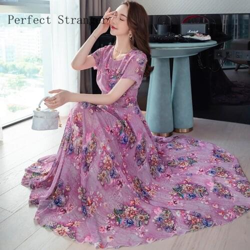 2021Summer New Arrival Dress For Women Hot Sale Round Collar Short Sleeve Floral Chiffon Long Dress High Quality S-4XL