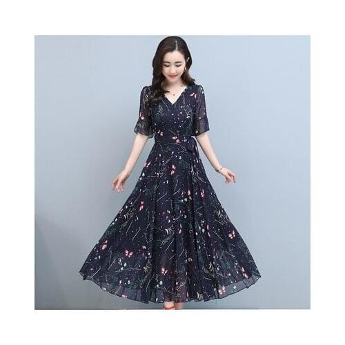 Summer Dress Vestidos Chiffon Floral Print Half Sleeve V-neck Elegant Holiday Sukienki Summer Dress Ropa Mujer 6458