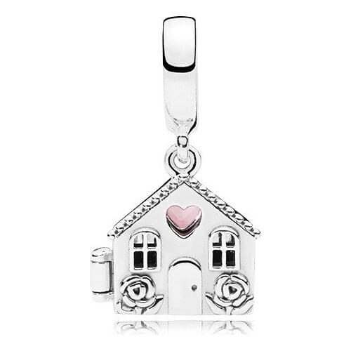 5PCS Silver Plated Love Pink Enamel Heart House Flower Charm Can Open Jewelry Making Bracelet Diy Handmade Craft Accessories