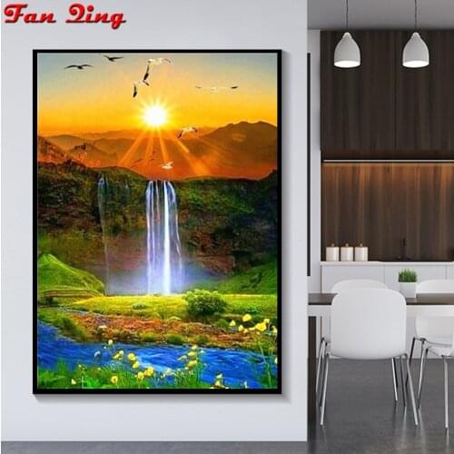 Full Square Diamond Painting Sunrise Waterfall 5D DIY Diamond Embroidery Mosaic Landscape Art Kits Home Decoration