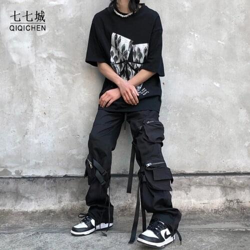 Hip Hop Cargo Pants for Men Multi-pocket Drawstring Pant Spring New Harajuku Punk Streetwear Elastic Waist Causal Trousers 2021