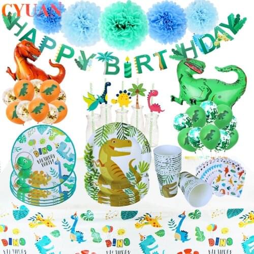 Dino Birthday Party Decor Dinosaur Balloon Cups Napkins Plates Straw Kids Baby Shower Boy Jungle Safari Party Table Decoration