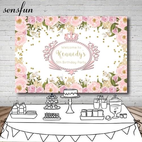 Sensfun Pink Flowers Girls Birthday Party Baby Shower Backgrounds For Photo Studio Gold Glitter Crown Frame Custom Backdrop