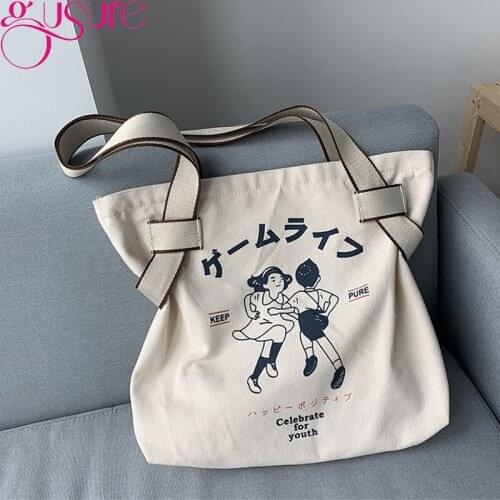 Gusure Korean Simple Large Capacity Canvas Totes Women Travel Shopper Bags Ladies Cotton Cloth Zipper Eco Shoulder Handbags sac