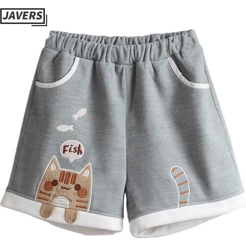 Harajuku Mori Girl Kawaii Shorts For Teen Girls Cute Cat Embroidered Cartoon Woolen Shorts Women Lamb Cashmere Sweet Loose Pants