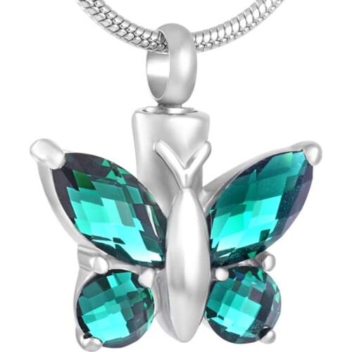 IJD8497 Wholesale Women Stainless Steel Luxury Rhinestone Butterfly Feather Cremation Jewelry for Ashes Pendant Necklace