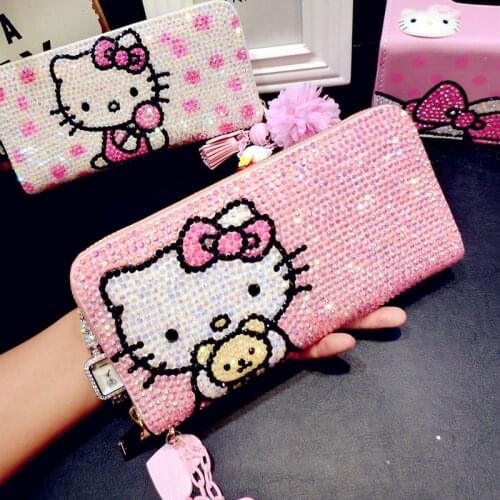 Cute Wallet Girls Cartoon KT Cat Bling Diamond Personality Kitty Money Folder Bag Lovely Bright Women Leather Handbag