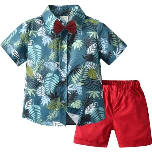 Boys Clothes Two Piece Set Fresh Leaves Single-breasted Short Sleeve Shirt and Solid Color Short Pants