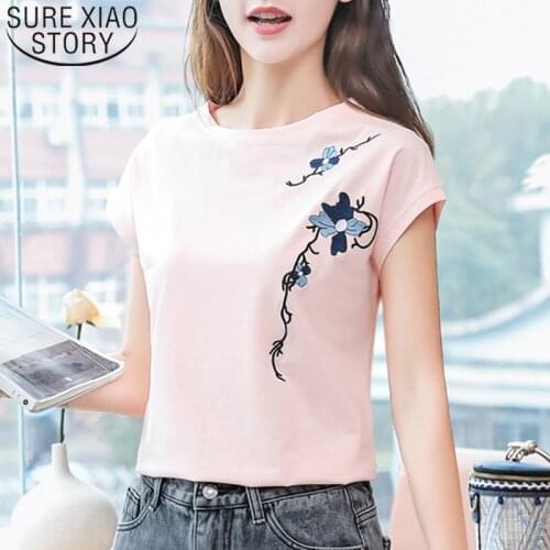 2020 Summer Fashion Women Tops Solid Cotton Loose Shirt O-Neck Embroidered Short Sleeve Tee Camisetas Feminina Plus Size 8621 50