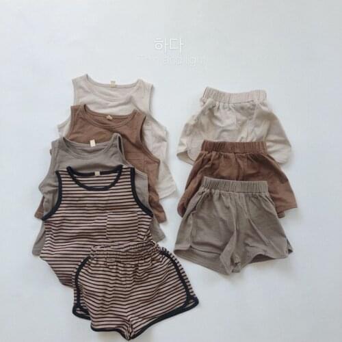 Korean summer childrens sleeveless soft bamboo festival cotton solid color striped thin men and girls wearing vests