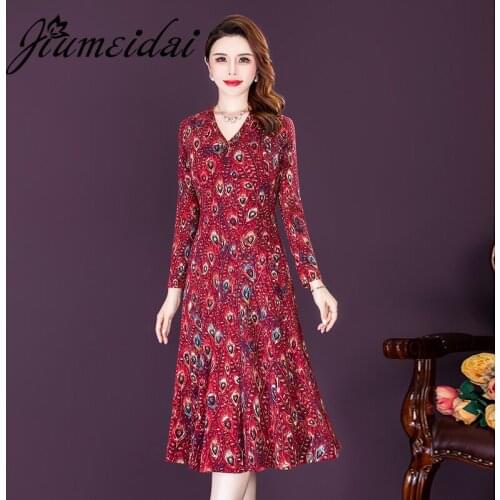 JiuMeiDai Women Autumn Elegant A-Line V-Neck Dress Office Lady Retro Print Robe Femme Vintage Designer Party Clothing Plus Size