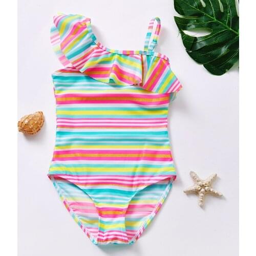 3~10Y Girls Swimsuit Ruffle Girls Swimsuit Striped Style Children swimwear Kids Beach wear Bathing suit High quality