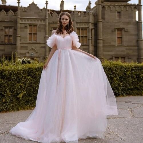 Latest Charming Blush Princess Bridal Wedding Dresses Off Shoulder Sleeves Sweetheart Wedding Gowns for Bride Lace Up Back 2021