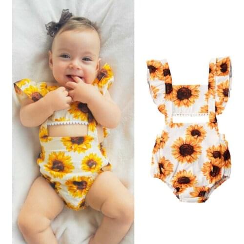 0-24M Newborn Toddler Sunflower Bodysuits Kids Baby Girl Summer Cotton Fly Sleeve Floral Romper Clothes Jumpsuit Sunsuit Outfit