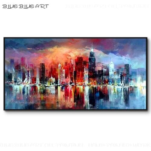 Hand-painted Wall Art Abstract Cityscape Oil Painting on Canvas The View of New York Night Landscape Oil Painting for Wall Decor