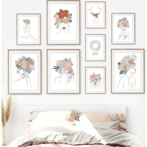 Self-adhesive Wall Sticker Woman Plant Fruit Light Color Wall Art Painting Nordic Posters Prints Wall Pictures Room Decor