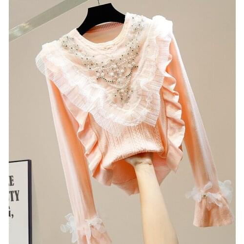 Beaded Diamond Pleated Fungus Lace Stitching Sweet Flower Bottom Shirt Horn Sleeve Slim Sweater Fall Winter Sweater for Women
